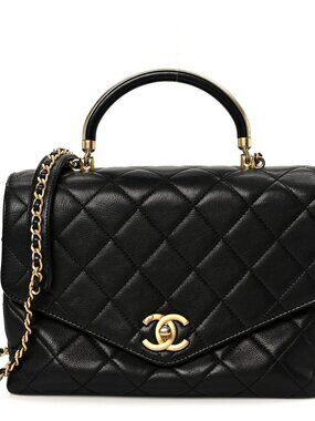 Chanel Calfskin Quilted Gold Top Handle Flap Black Shoulder Bag
